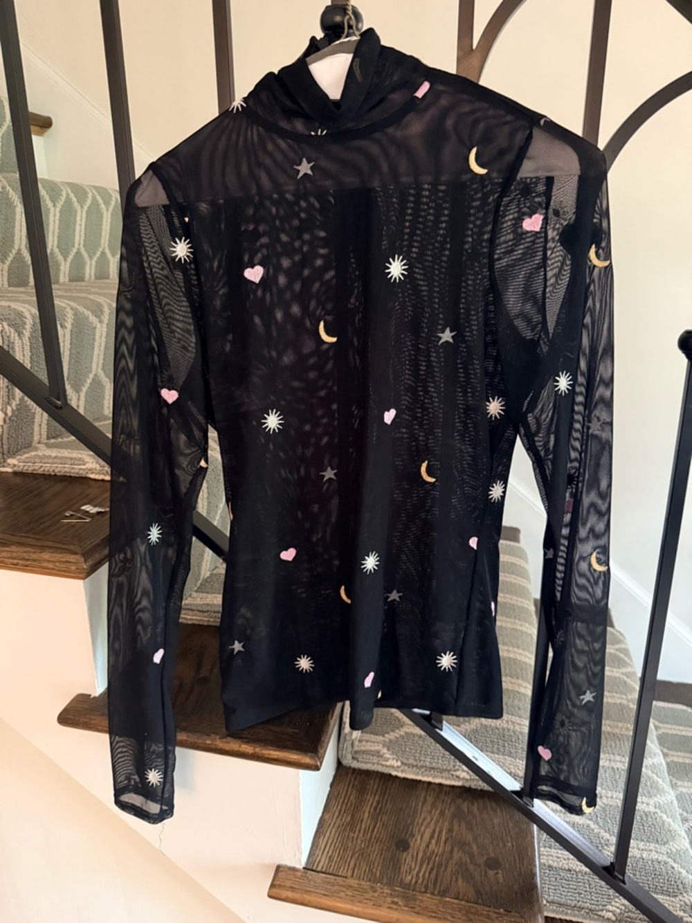 Cinq a Sept - Sheer Black Mesh Top with Moon & Heart Embroidery